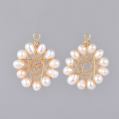 Handmade Natural Cultured Freshwater Pearl Pendants, with Copper Wire