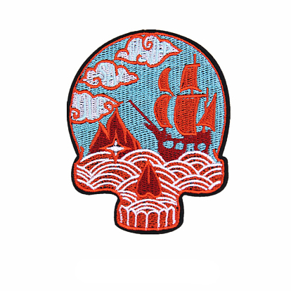 Ocean Theme Pattern Skull Computerized Embroidery Style Cloth Iron on/Sew on Patches, Appliques, Badges, for Clothes, Dress, Hat, Jeans, DIY Decorations, for Halloween