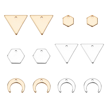 48Pcs 4 Style Brass Charms, Long-Lasting Plated, Nickel Free, Loops, Moon & Triangle & Hexagon