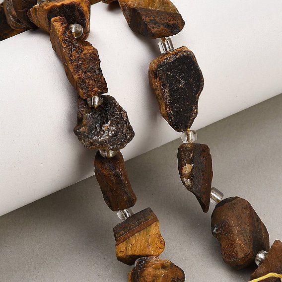 Natural Tiger Eye Beads Strands, Raw Rough, Nuggets, with Seed Beads
