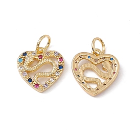 Brass Micro Pave Cubic Zirconia Pendant, with Glass & Jump Ring, Real 18K Gold Plated, Heart with Snake Charm