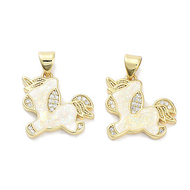 Brass Micro Pave Clear Cubic Zirconia Pendants, with Synthetic Opal, Real 18K Gold Plated, Unicorn Charms