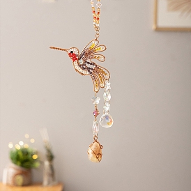 Wire Wrapped Glass Beads & Metal Bird Hanging Ornaments, Natural Citrine Nuggets Tassel Suncatchers for Home Garden Outdoor Decoration