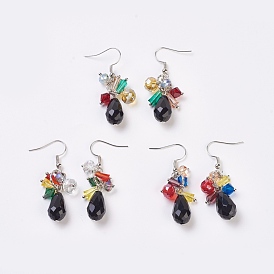 Faceted Glass Dangle Earrings, with Brass Earring Hooks and Iron Jump Rings