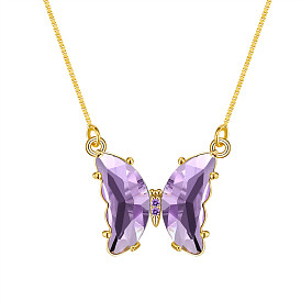 Brass Box Chain Necklaces, with Glass and Grade AAA Cubic Zirconia, Butterfly, Medium Purple