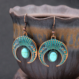 Alloy Crescent Moon Earrings with Turquoise - Simple, Personalized, Green Stone.