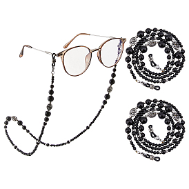 2 шт цепочки для очков, шейный ремешок для очков, с натуральным черным ониксом и синтетическими черными камнями и бусинами из сплава и резиновыми петлями на концах