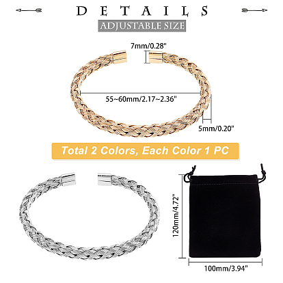 Unicraftale 2 pièces 2 couleurs 304 bracelets de manchette tressés en acier inoxydable, bracelets de couple pour femmes