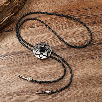 Colliers de lasso en cuir PU, Collier avec pendentif en forme de fleur en alliage avec pierres précieuses naturelles et synthétiques mélangées