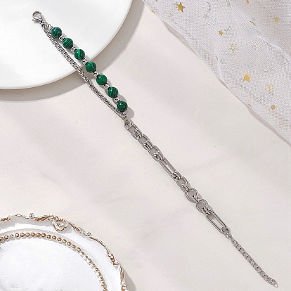 Браслеты из круглых бусин из натуральных и синтетических драгоценных камней, 304 Браслеты из нержавеющей стали с панцирным плетением и звеньями Cahin для женщин