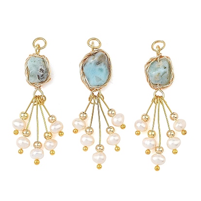 Colgantes de larimar natural en bruto, envueltos en alambre de cobre., dijes de pepitas con borla de perlas naturales, dorado