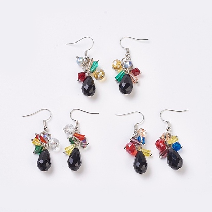 Faceted Glass Dangle Earrings, with Brass Earring Hooks and Iron Jump Rings