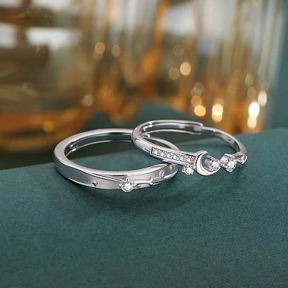 999 Кольца из стерлингового серебра с прозрачными кубическими циркониями, Луна и звезды