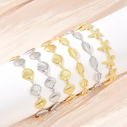 Браслеты из латунных звеньев в форме морских звезд/ракушек/ракушек каури для женщин, стойки покрытие, долговечный, без свинца и без кадмия