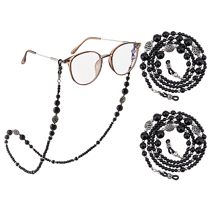2 шт цепочки для очков, шейный ремешок для очков, с натуральным черным ониксом и синтетическими черными камнями и бусинами из сплава и резиновыми петлями на концах