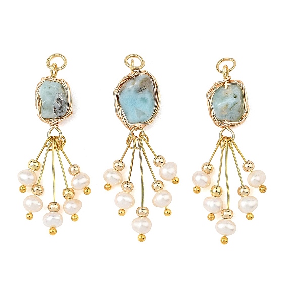 Raw Rough Natural Larimar Copper Wire Wrapped Pendants, Nuggets Charms with Natural Pearl Beads Tassel, Golden