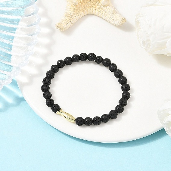 Браслеты из натуральной лавы с круглыми бусинами для мужчин и женщин, с латунными бусинами в виде рыбок