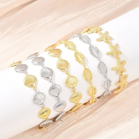 Браслеты из латунных звеньев в форме морских звезд/ракушек/ракушек каури для женщин, стойки покрытие, долговечный, без свинца и без кадмия