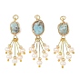 Raw Rough Natural Larimar Copper Wire Wrapped Pendants, Nuggets Charms with Natural Pearl Beads Tassel, Golden
