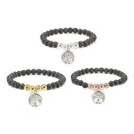 3Pcs 3 Color Natural Lava Rock Round Beaded Stretch Bracelets Set with Alloy Tree of Life Charms, Essential Oil Gemstone Jewelry for Women