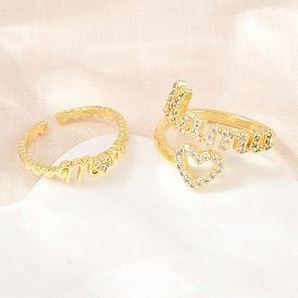 Mother's Day Brass Micro Pave Cubic Zirconia Cuff Open Rings, Word Mom/Mama, Lead Free & Cadmium Free, Long-Lasting Plated, Rack Plating, Real 18K Gold Plated