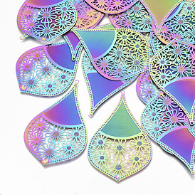Ion Plating(IP) 304 Stainless Steel Filigree Big Pendants, Etched Metal Embellishments, Teardrop with Flower
