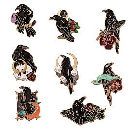 8Pcs 8 Style Crow Bird Enamel Pin, Alloy Enamel Brooch for Backpack Clothing, Light Gold