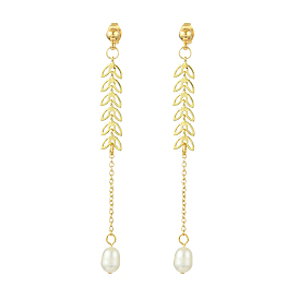 Natural Cultured Freshwater Pearl Beads & Brass Dangle Stud Earrings for Women, Leaf