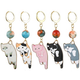 Cat Shapes Alloy Enamel Pendants Decorations, with Zinc Alloy Lobster Claw Clasps and Synthetic Ocean White Jade Round Beads