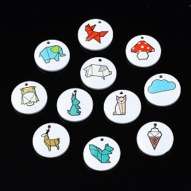 Printed Natural Wood Pendants, Printed, Flat Round with Mixed pattern