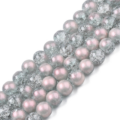 Brins de perles de verre craquelées translucides, avec de la poudre de paillettes, ronde