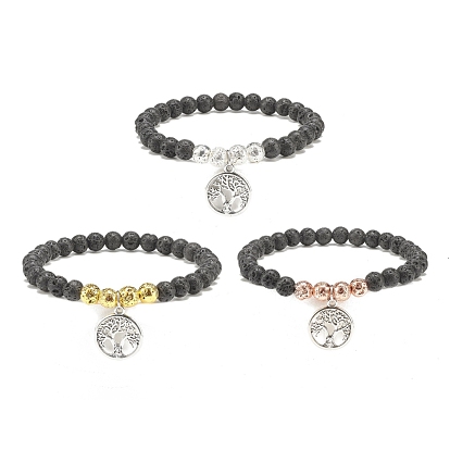 3Pcs 3 Color Natural Lava Rock Round Beaded Stretch Bracelets Set with Alloy Tree of Life Charms, Essential Oil Gemstone Jewelry for Women