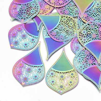 Ion Plating(IP) 304 Stainless Steel Filigree Big Pendants, Etched Metal Embellishments, Teardrop with Flower