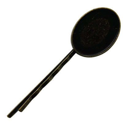 Iron Hair Bobby Pin Findings, with Brass Oval Trays, 67x19mm, Tray: 18x25mm