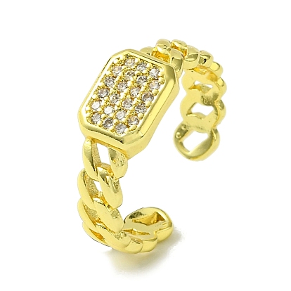 Brass Micro Pave Cubic Zirconia Open Cuff Rings, Cadmium Free & Lead Free, Rectangle