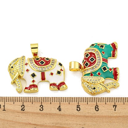 Brass Micro Pave Clear Cubic Zirconia Pendants, with Enemal, Real 18K Gold Plated, Elephant