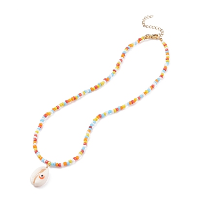 Natural Cowrie Shell with Evil Eye Pendant Necklace, Glass Seed Beaded Necklace for Women