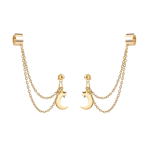 304 Stainless Steel Safety Chains Dangle Stud Earrings with Ear Cuff, Moon and Star Drop Earrings for Women