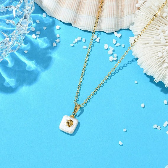 Летнее ожерелье из натурального барочного жемчуга кеши и квадратного кулона в виде среза раковины из сплава, латунная цепочка., белые