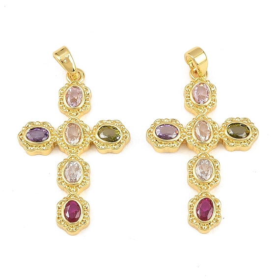 Brass Micro Pave Cubic Zirconia Pendants, Cross Charms, Golden
