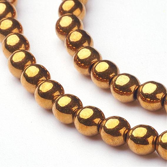 Non-Magnetic Synthetic Hematite Beads Strands, Round, Golden Plated