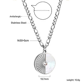 Natural White Shell 304 Stainless Steel Flat Round Hexagon Pendant Necklaces for Women, with Crystal Rhinestone