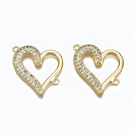 Brass Micro Pave Clear Cubic Zirconia Links Connectors, Nickel Free, Heart