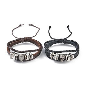 PU Leather & Waxed Cords Triple Layer Multi-strand Bracelets, Braided Adjustable Bracelet Alloy Skull