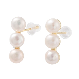 Round Natural Pearl Stud Earrings with Brass Findings and 925 Sterling Silver Pins