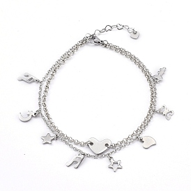 304 Stainless Steel Multi-strand Charm Anklets, with Brass Rolo Chains, Heart