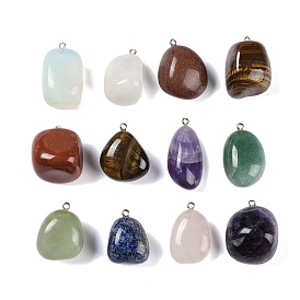 Mixed Gemstone Nuggets Pendants, Tumbled Stone Charms with Golden Tone Metal Loops