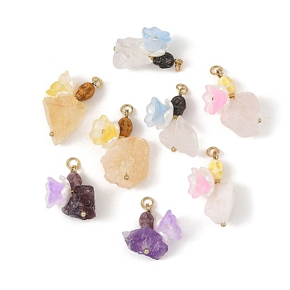 Raw Rough Natural Mixed Stone and Porcelain Pendants, Halloween Skull with Flower Charms, Golden, Mixed Dyed and Undyed