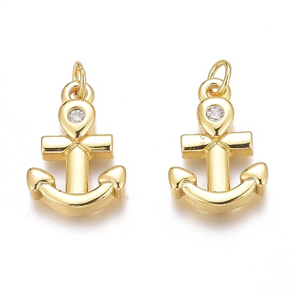Brass Micro Pave Clear Cubic Zirconia Charms, with Jump Rings, Long-Lasting Plated, Anchor