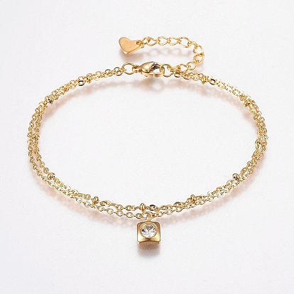 304 трос из нержавеющей стали цепи браслеты, многожильных браслеты, со стразами, застежка когтя омара, квадратный, золотые